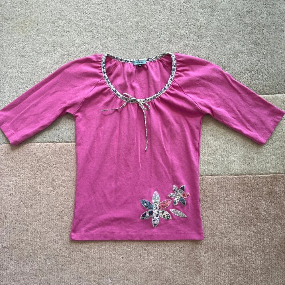 Vintage Tocca Pink Applique Scoop Neck 100% Cotton T-shirt Women's Medium - Picture 5 of 8